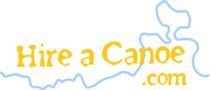 hire a canoe logo. yellow writing with an outline of the river in blue